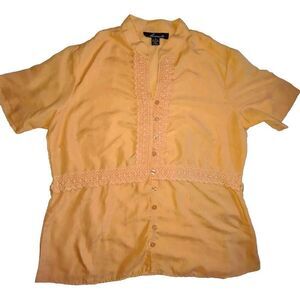 Sz 1X Linen Blouse Eyelet Lace Tunic Short Sleeve Salmon Orange